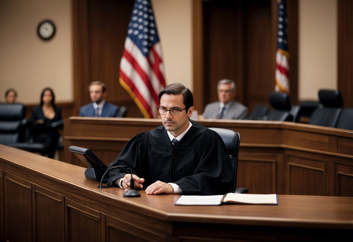 A courtroom with a judge presiding over a hearing, lawyers presenting arguments, and witnesses providing testimony. Documents and evidence are displayed on a table, and a stenographer records the proceedings
