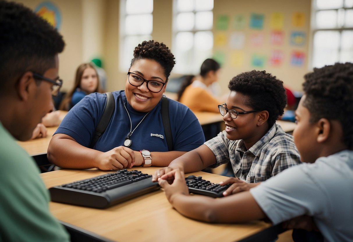 A diverse group of students with disabilities engage in various educational activities, supported by a team of educators and specialists. The classroom is equipped with assistive technology and resources to ensure equal access to education