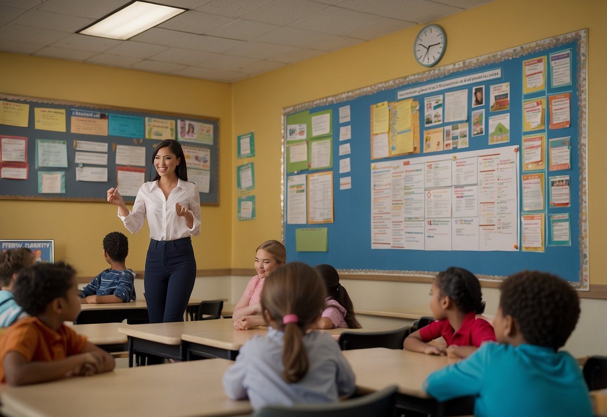 A classroom with diverse learning materials, a teacher engaging with students, and individualized learning plans displayed on a bulletin board
