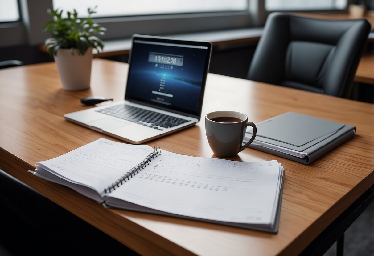 A desk with a neatly organized stack of papers, a laptop, and a notebook. A calendar on the wall with a date circled. A cup of coffee and a pen ready for note-taking