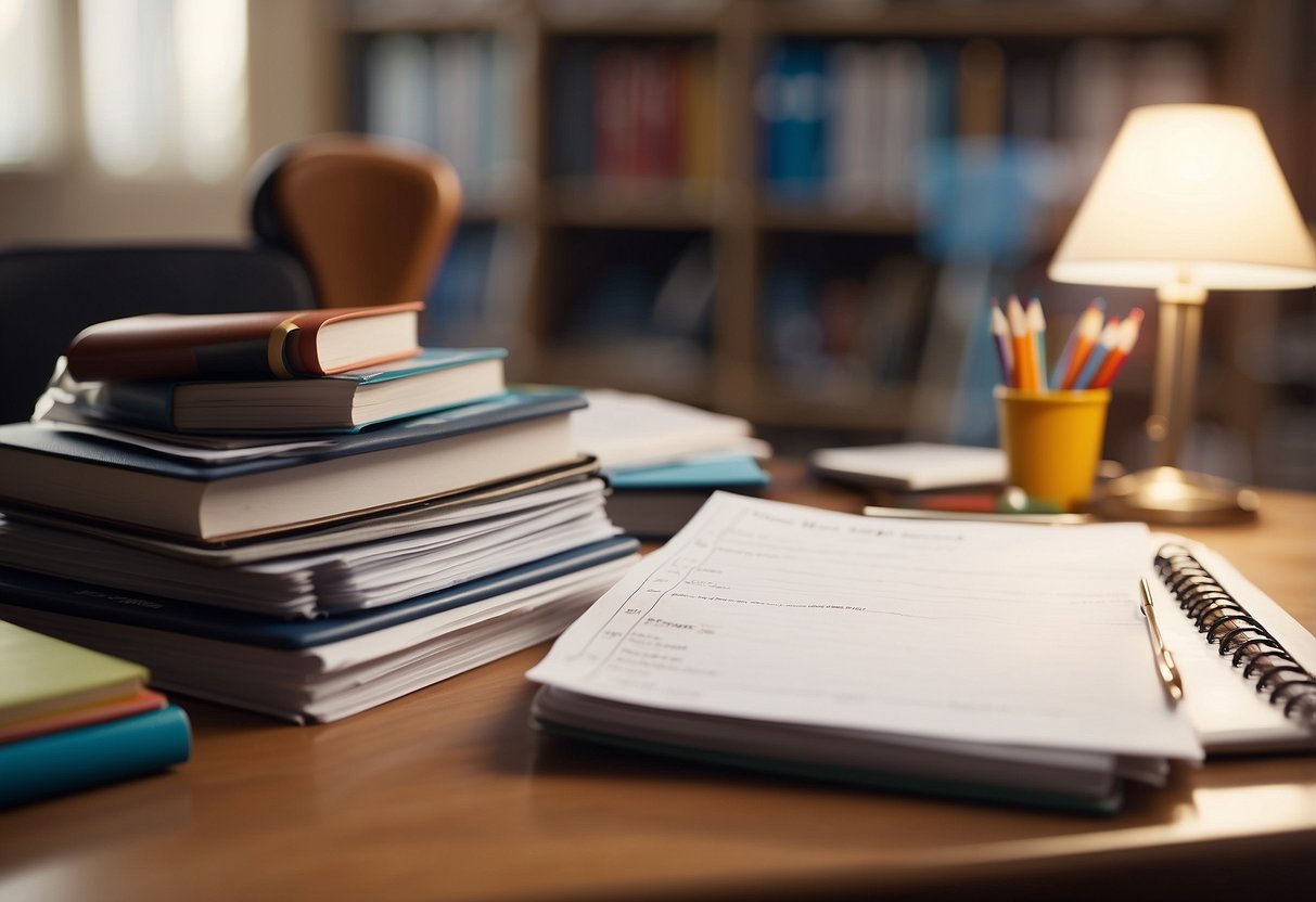 A desk with a stack of papers labeled "IEP" and a checklist of 10 items. A child's school supplies and a bookshelf in the background