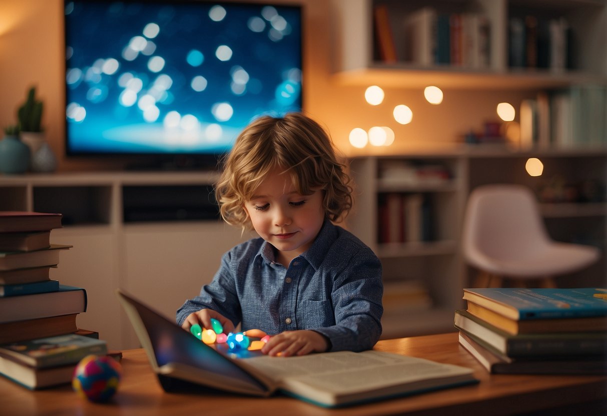 A cozy home setting with books, educational toys, a computer, and a parent-child interaction, showcasing various learning activities