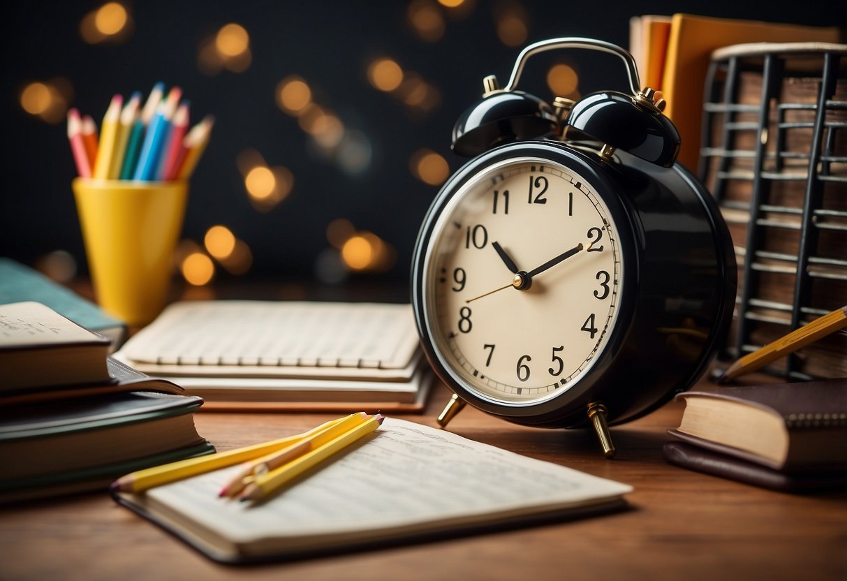A child's desk with books, pencils, and a schedule. A clock on the wall shows a consistent routine for learning at home
