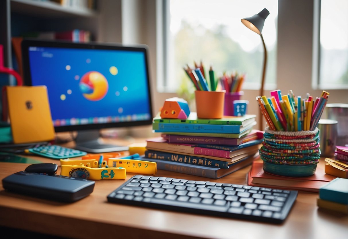 A child's desk with colorful educational games and tools, surrounded by books and a computer, creating a vibrant and engaging learning environment