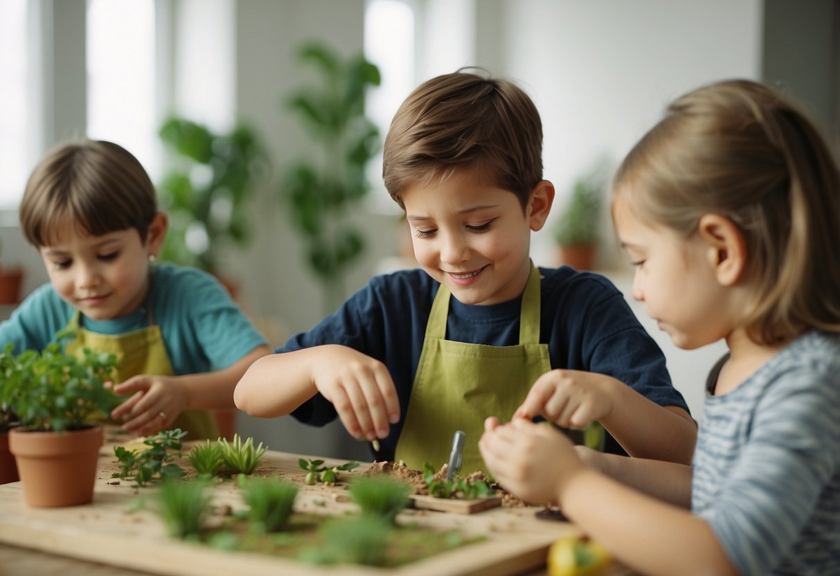 Children engaged in various hands-on activities: building, painting, gardening, cooking. A parent observes and supports their learning at home