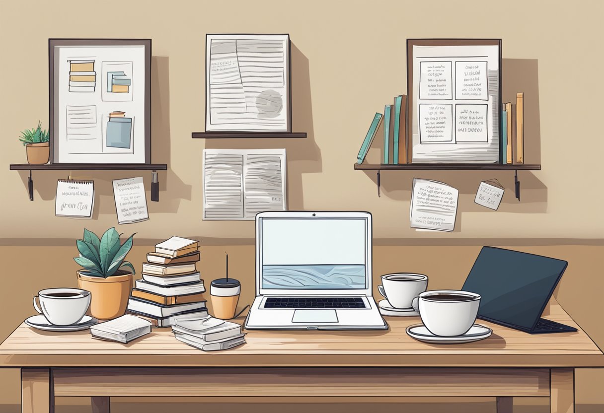 A table with a variety of books, a laptop, and a cup of coffee, surrounded by motivational quotes and positive affirmations on the wall