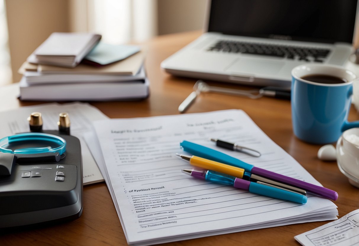 A parent sits at a desk, surrounded by calming activities and resources. Deep breathing exercises, a support group flyer, and a journal are scattered around, providing a sense of organization and control amidst the emotional toll of special needs parenting