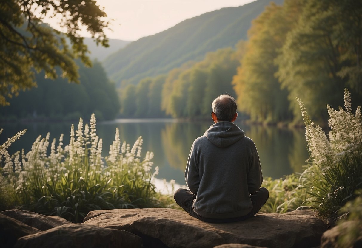 A serene setting with calming colors and natural elements. A parent sits in quiet meditation, surrounded by peaceful imagery and comforting symbols