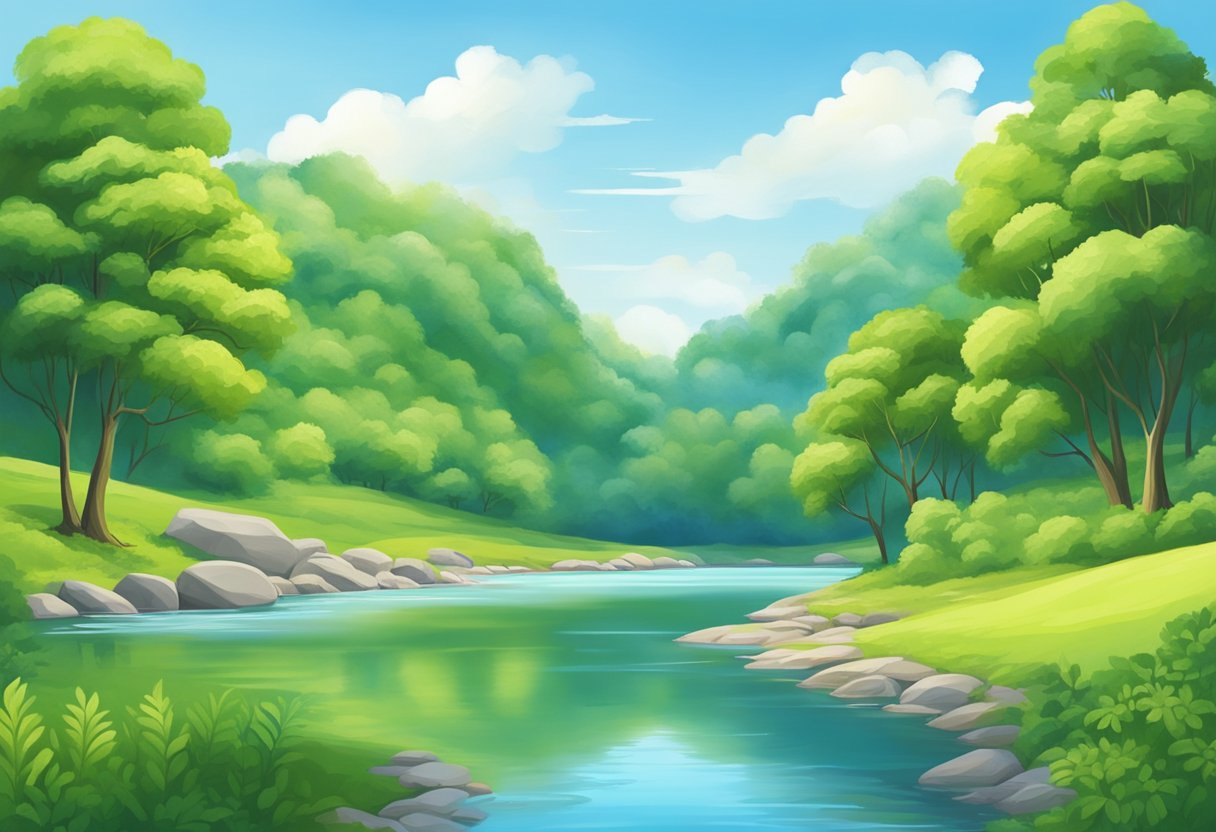 A serene landscape with a clear blue sky, lush green trees, and a flowing river, representing the concept of mindset