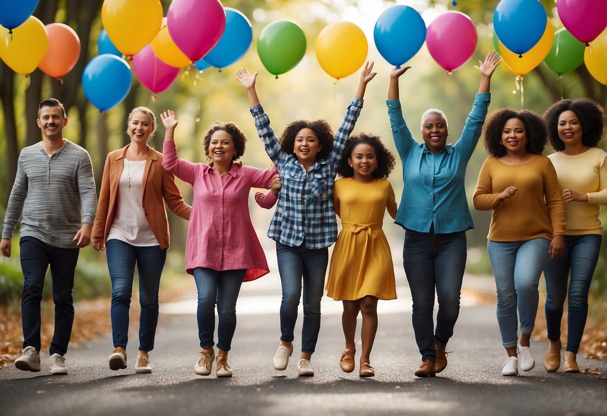 A colorful banner with the words "Celebrate Small Victories" hangs above a group of diverse and joyful characters, each representing a different strategy for managing the emotional toll of special needs parenting