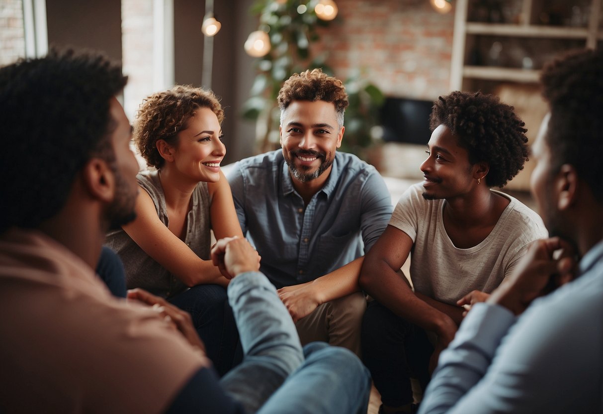 A group of diverse individuals gather in a circle, offering support and empathy to one another. They engage in conversation and share resources, creating a sense of community and understanding