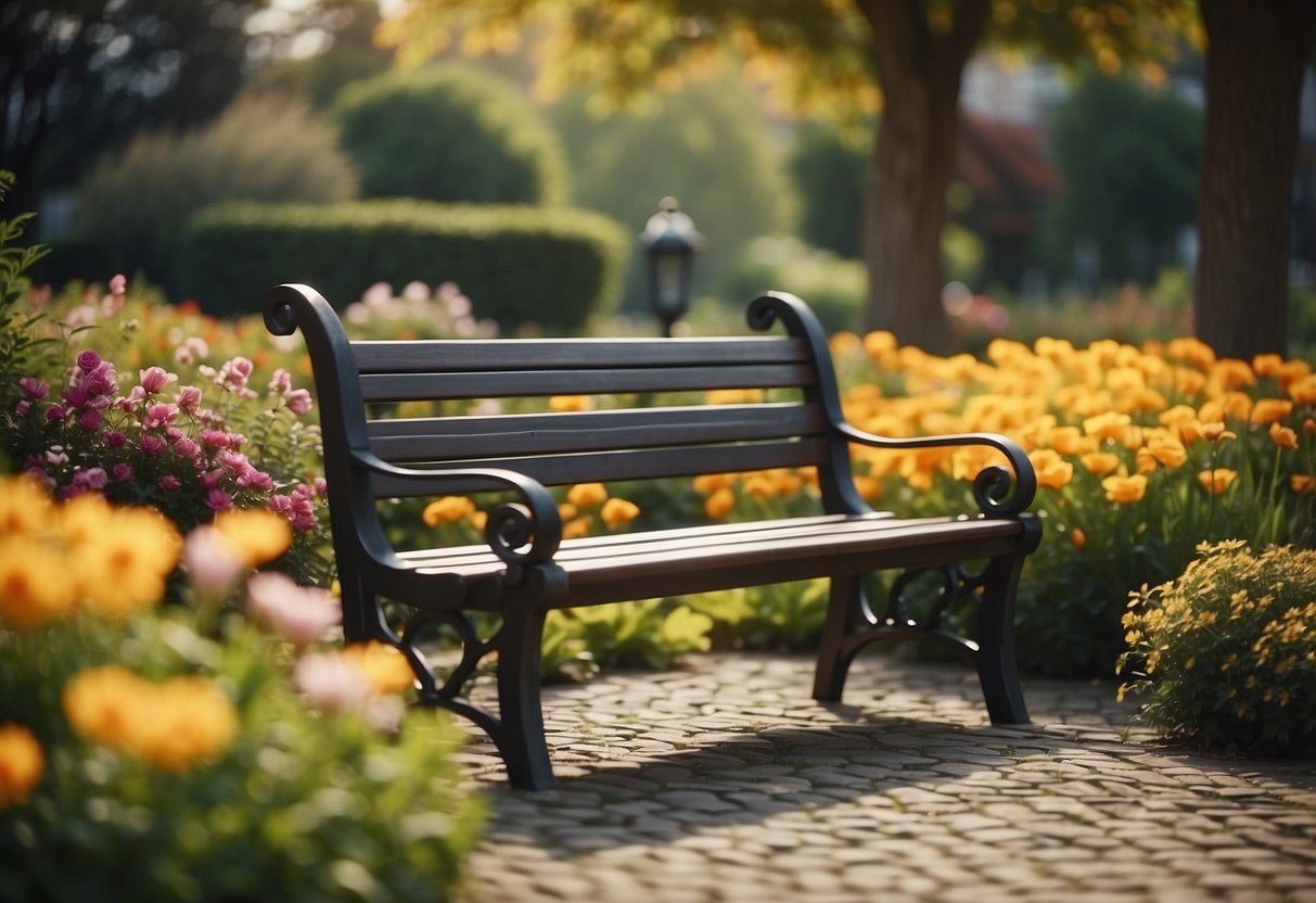 A serene garden with a bench, surrounded by colorful flowers and trees. A warm, comforting atmosphere with a sense of peace and relaxation