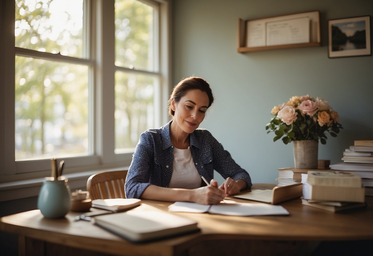 A serene parent sits at a desk with a notebook, surrounded by calming colors and affirmations. A soft, natural light filters in through the window, creating a peaceful atmosphere