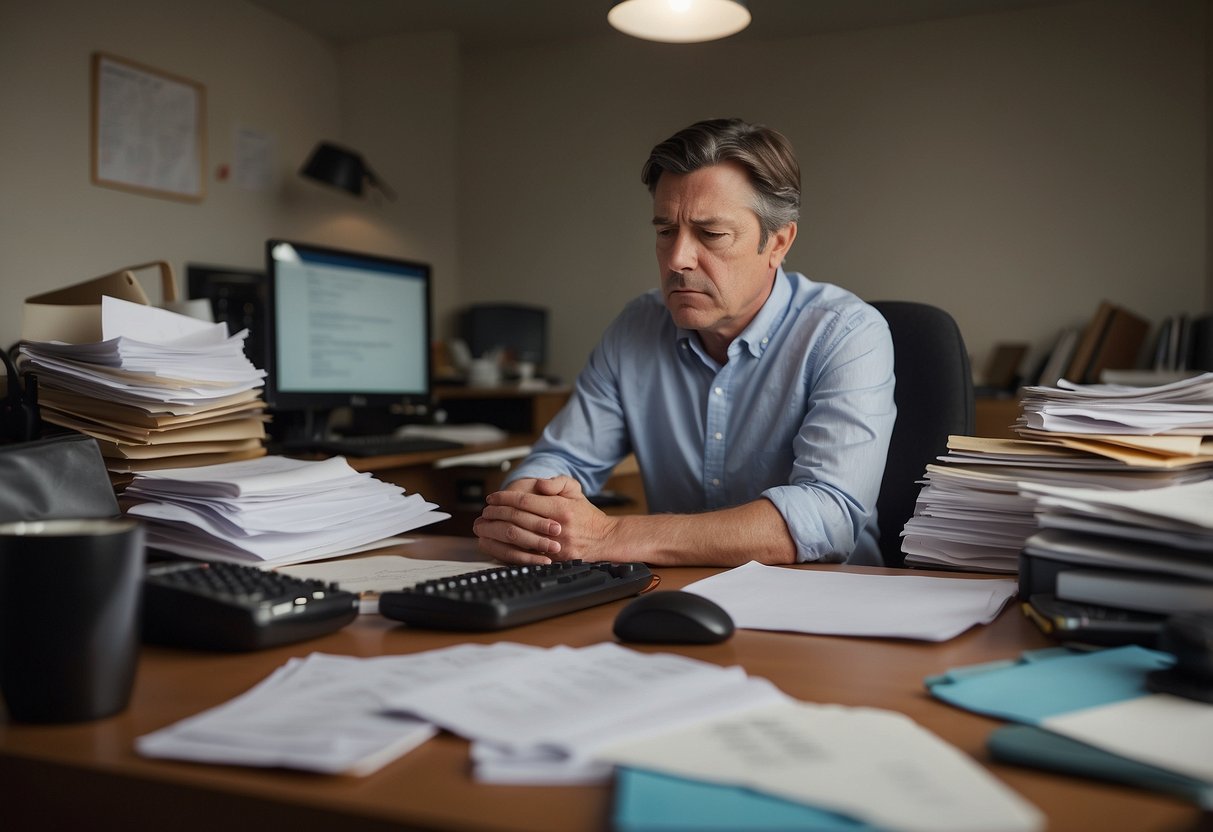 A parent sits at a cluttered desk, surrounded by papers and a laptop. They appear exhausted, with a furrowed brow and tense shoulders, while trying to manage the emotional toll of special needs parenting