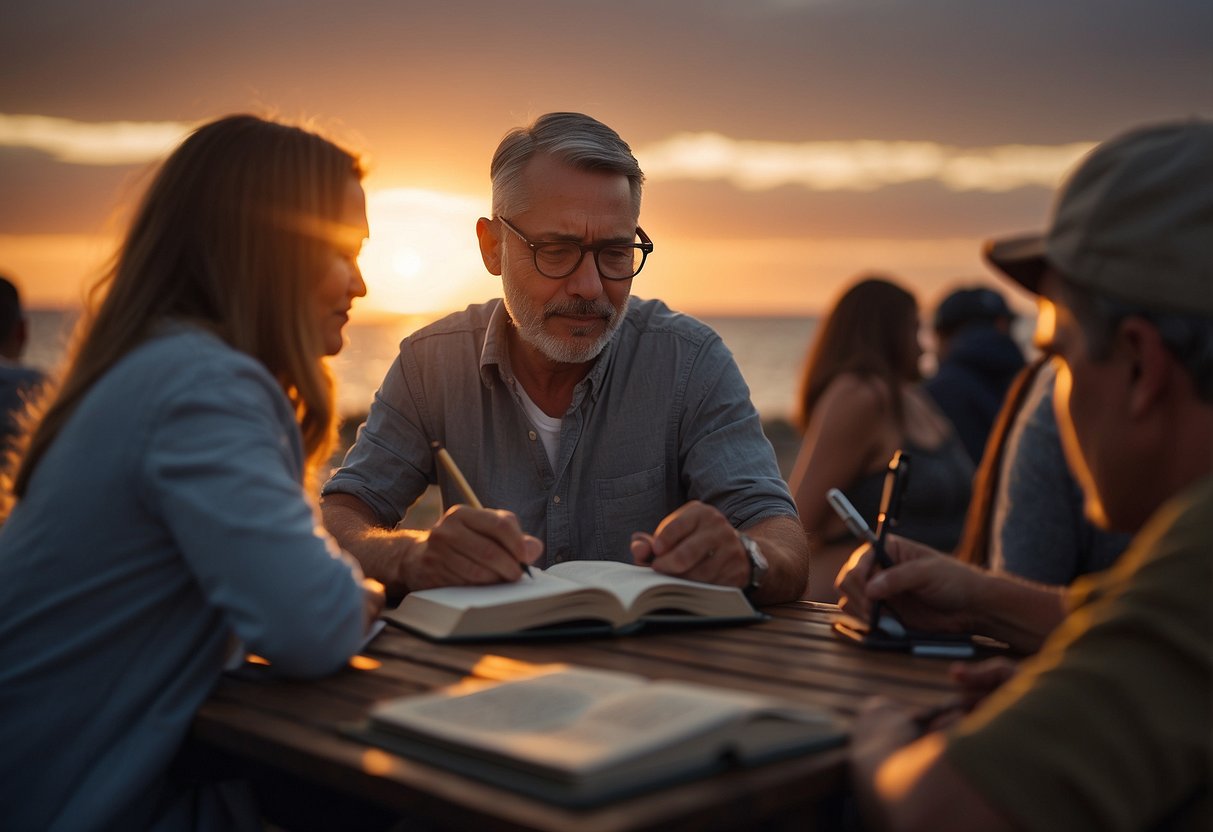 A parent gazes at a sunset, surrounded by supportive friends and family. A journal and pen sit nearby, symbolizing the process of overcoming guilt and grief through reflection and writing