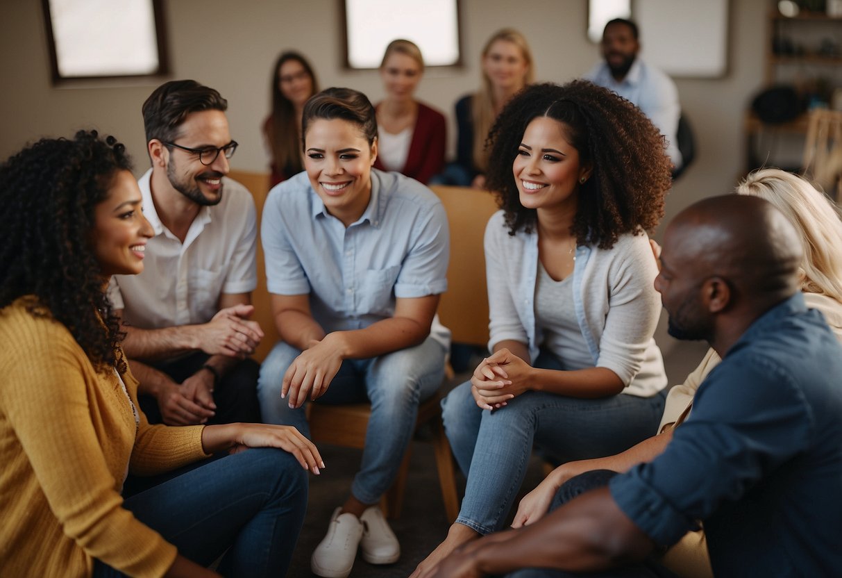 A group of diverse individuals sit in a circle, offering support and sharing experiences. A sense of empathy and understanding fills the room, as they discuss tips for overcoming guilt and grief as special needs parents