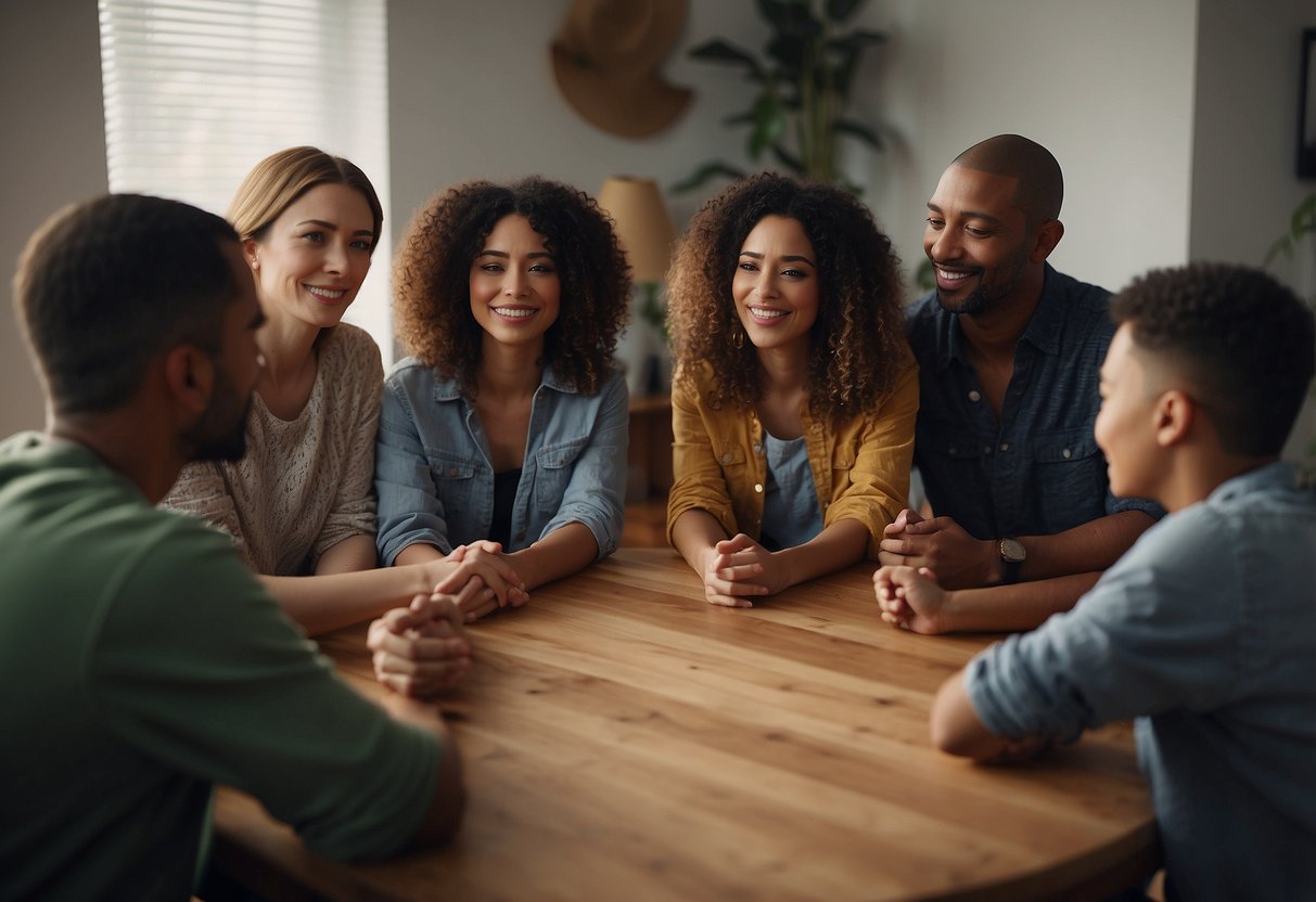 A group of parents gather in a supportive circle, sharing experiences and offering comfort. A sense of understanding and connection fills the room