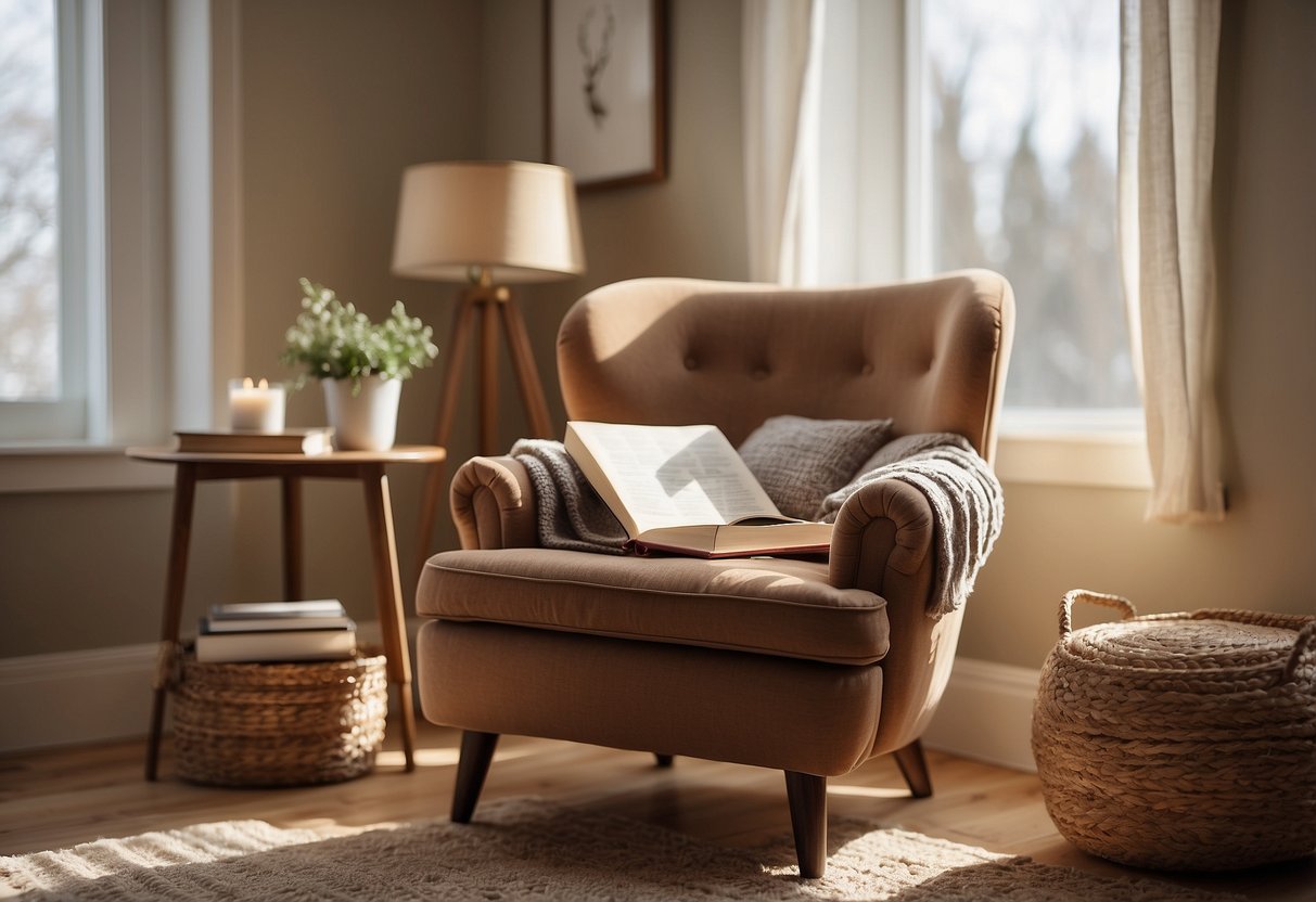 A serene, sunlit room with a cozy chair and a journal, surrounded by calming colors and soft textures. A calendar on the wall shows scheduled personal time