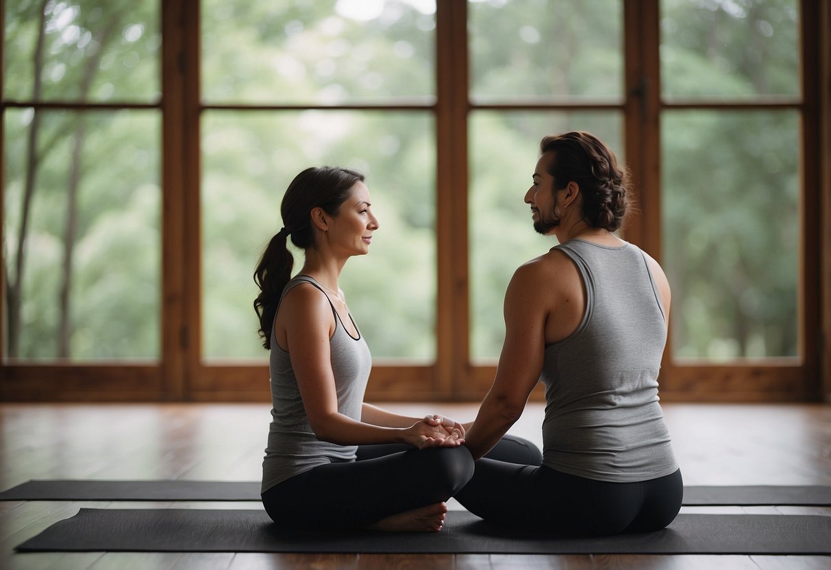 A serene setting with calming activities like yoga, meditation, and nature walks. A parent embracing self-care amidst a backdrop of guilt and grief