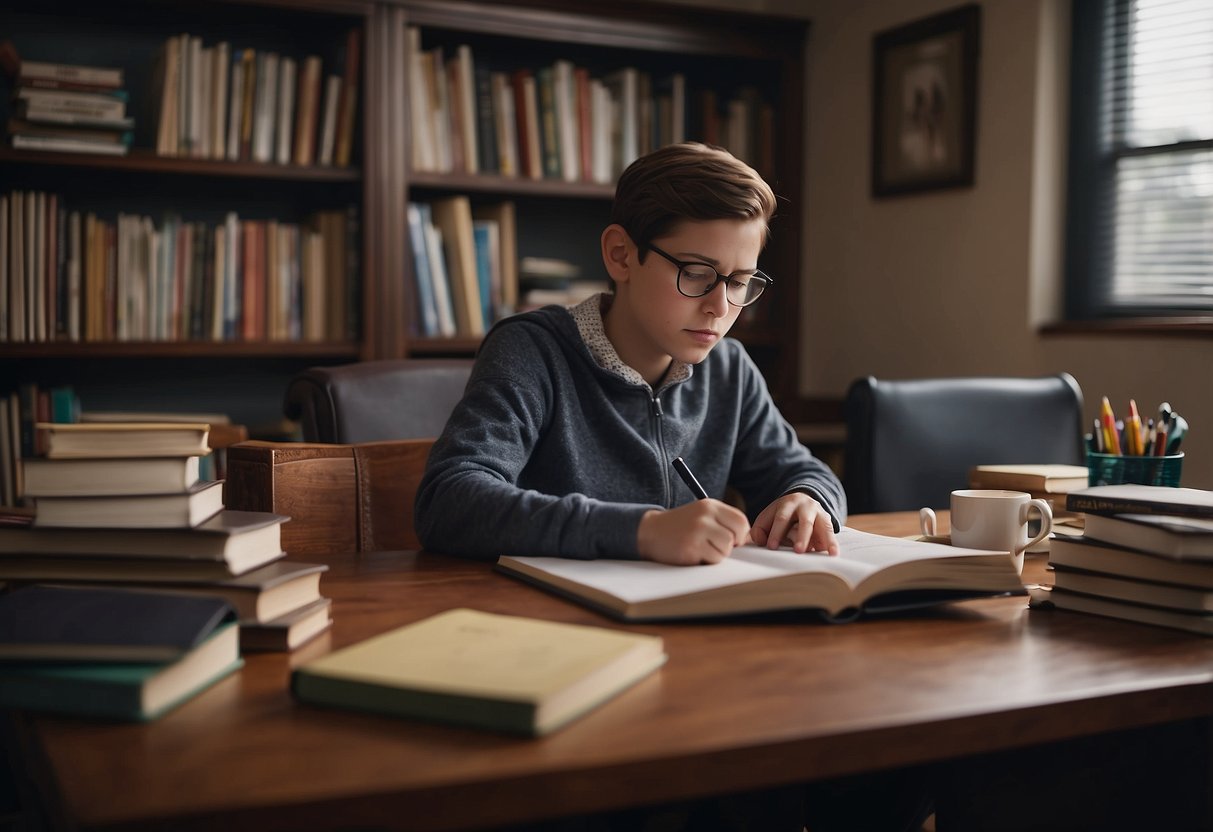A parent sits at a desk surrounded by books and resources, taking notes and researching their child's condition. A computer screen displays tips for overcoming guilt and grief