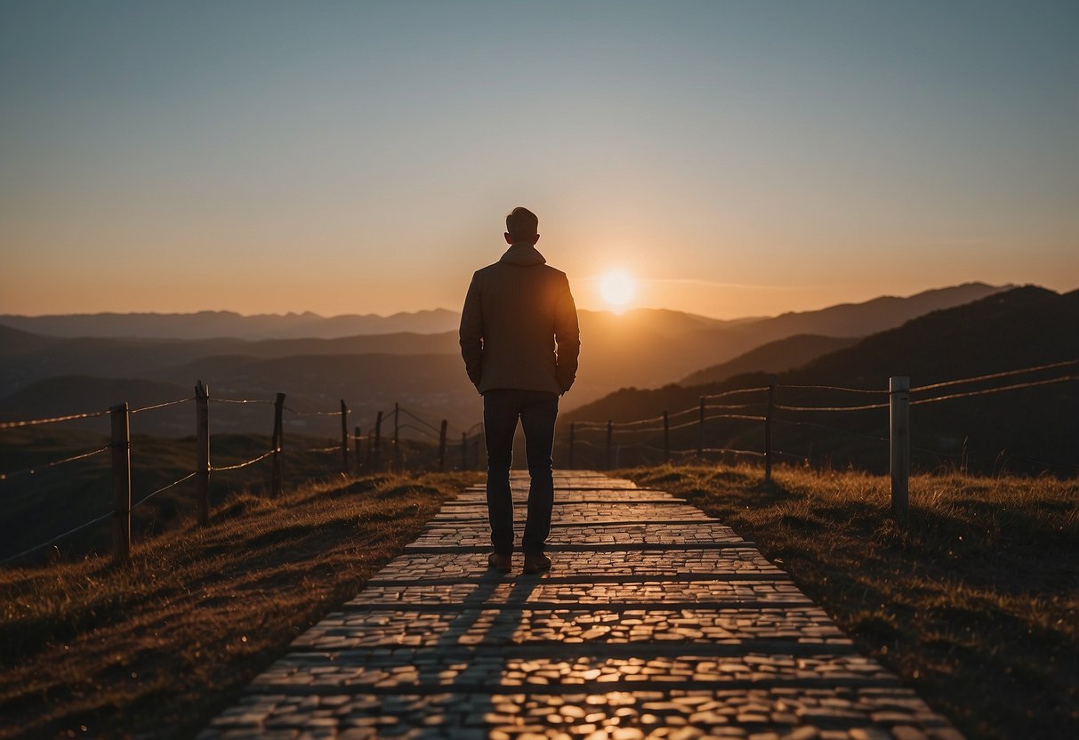 A parent gazes at a sunset, surrounded by symbols of guilt and grief. A path leads towards a brighter horizon, offering hope and resilience