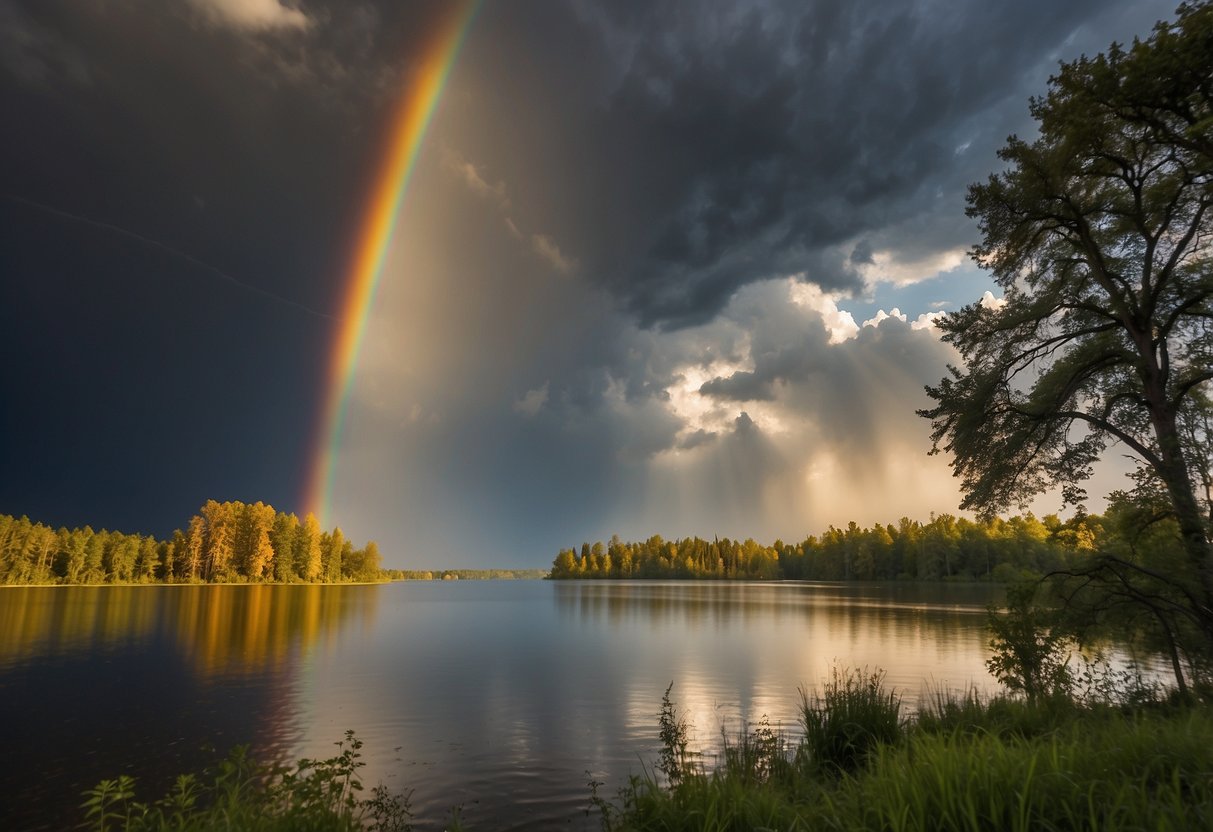 A bright sun shining through storm clouds, a colorful rainbow breaking through the darkness, a resilient tree standing tall amidst a harsh environment, a group of birds soaring freely in the sky, and a serene lake reflecting the beauty of nature