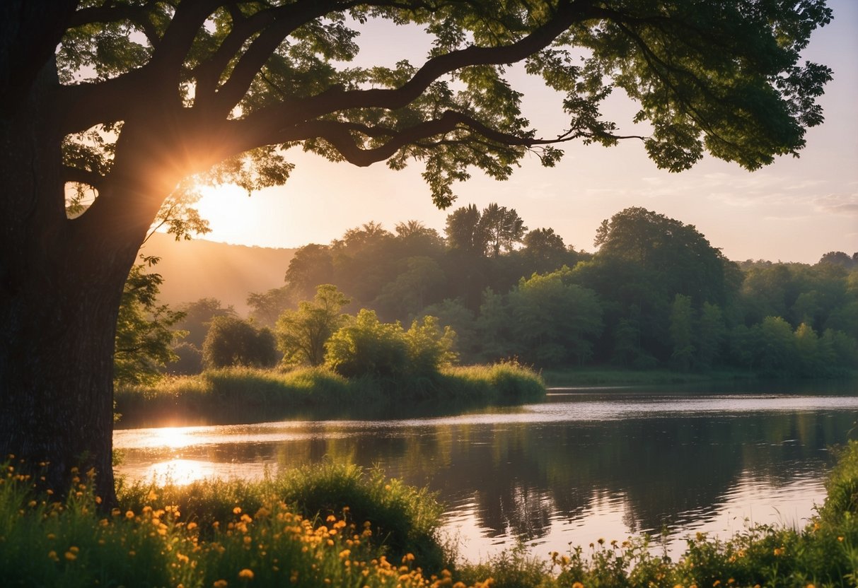 A serene landscape with a bright sunrise, a sturdy tree standing tall, and a calm river flowing steadily, surrounded by vibrant flowers and lush greenery