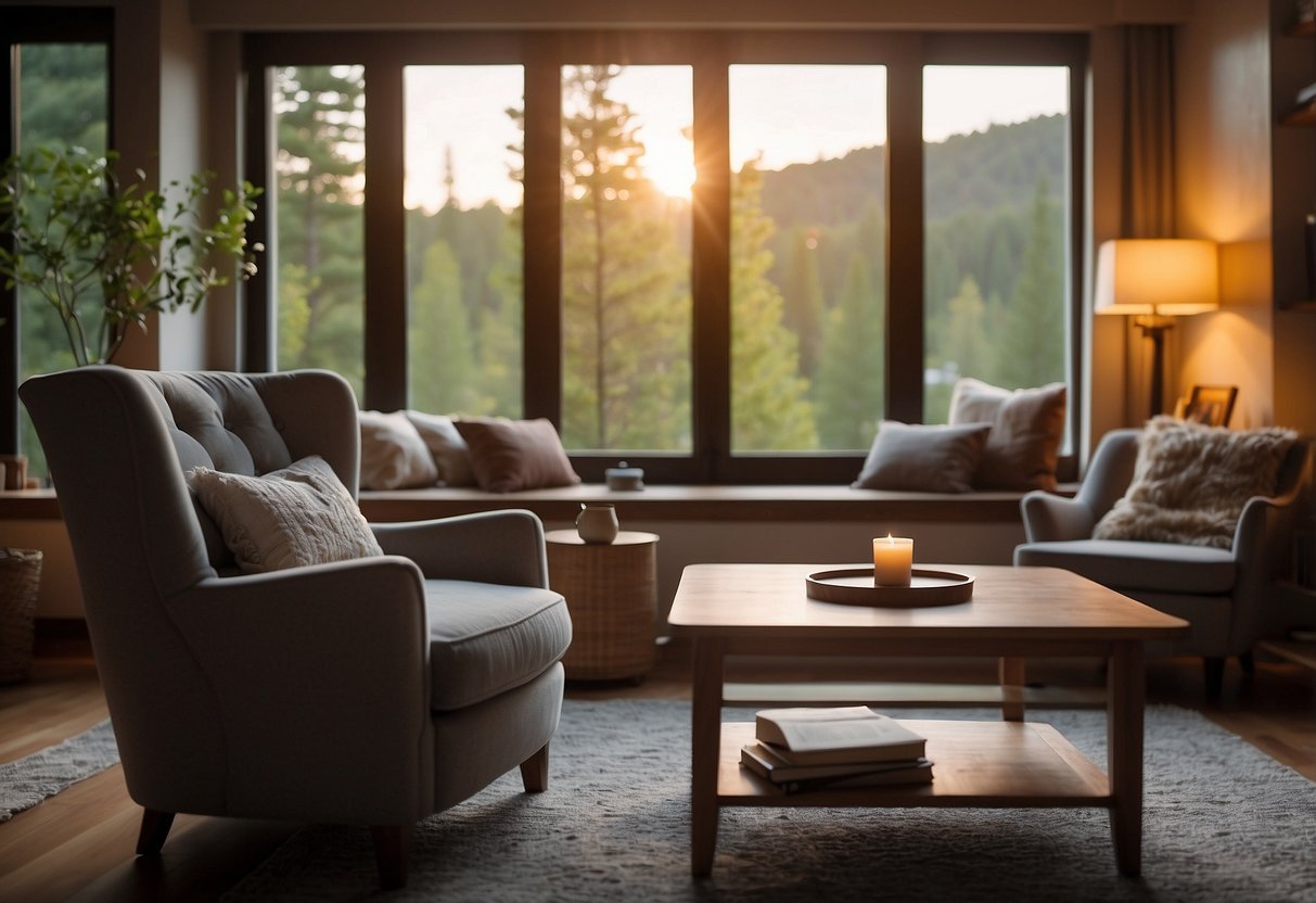 A cozy living room with soft lighting and a comfortable chair, surrounded by calming nature scenes. A journal and pen sit on a side table, along with a soothing cup of tea
