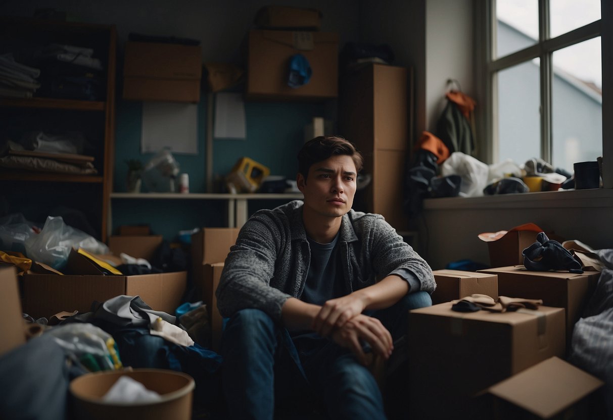 A person sitting alone in a dimly lit room, surrounded by clutter and disarray. They appear lost in thought, with a heavy expression on their face. Outside the window, the sky is overcast and gloomy