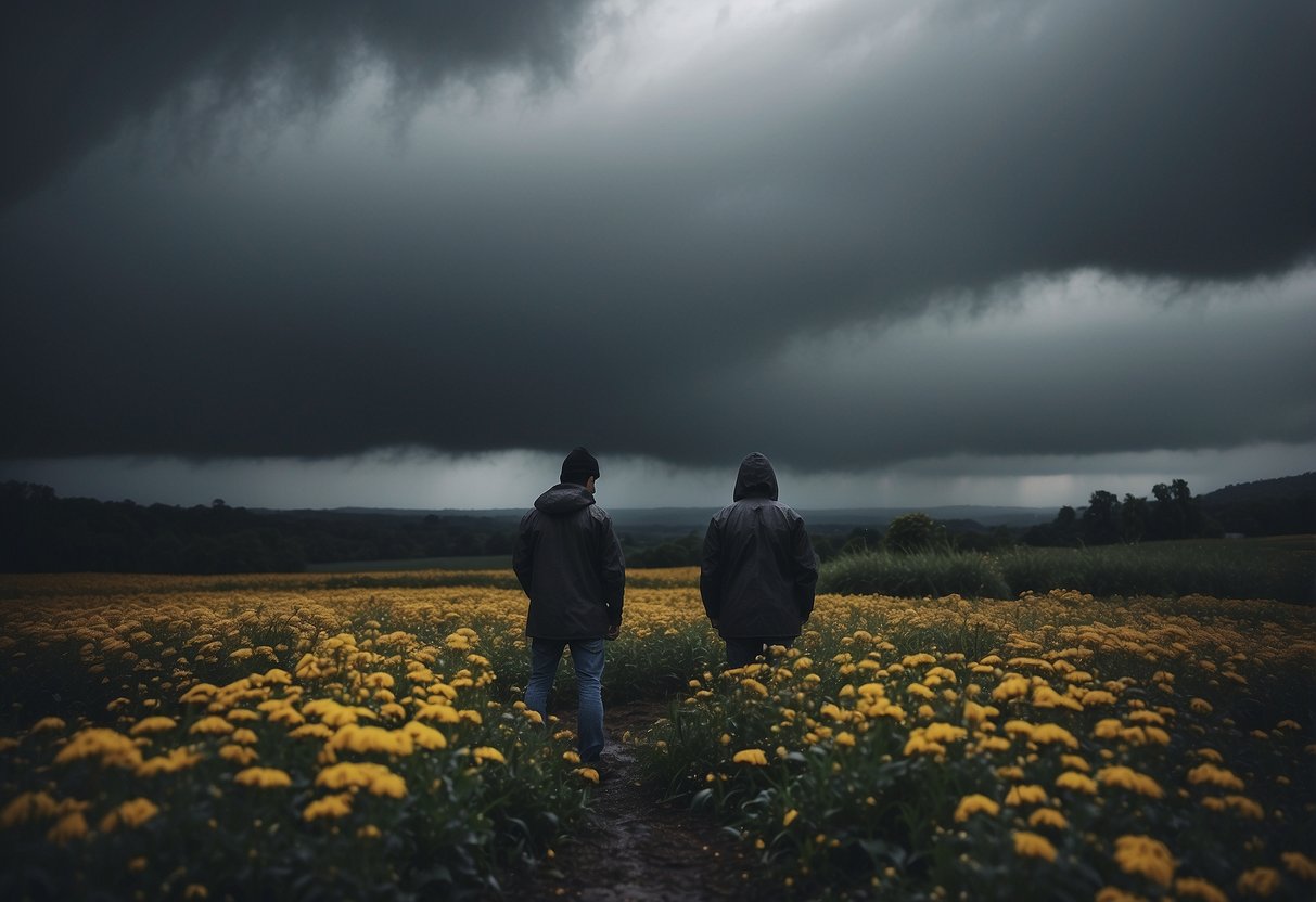 A dark cloud looms over a figure, surrounded by heavy raindrops and wilted flowers, symbolizing the weight of persistent sadness