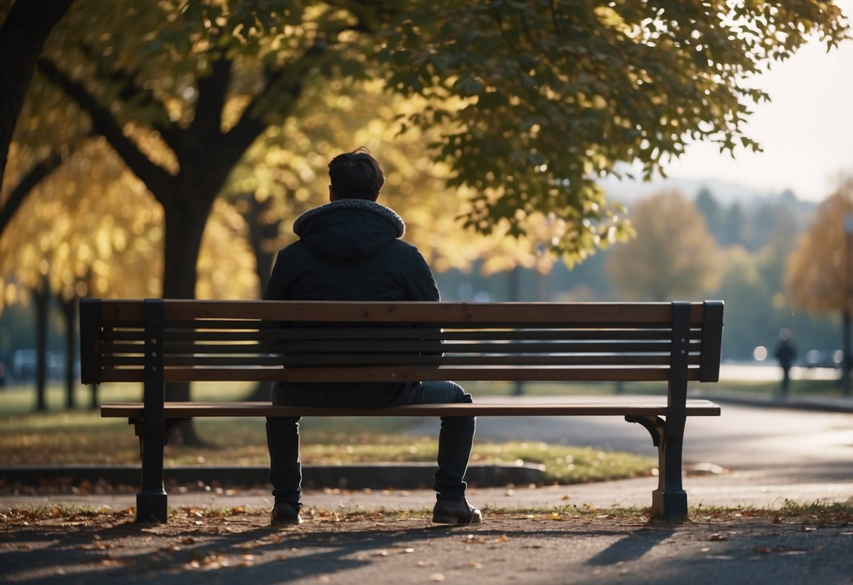 A person sitting alone on a park bench, surrounded by empty space and distant figures, looking at a phone with no notifications