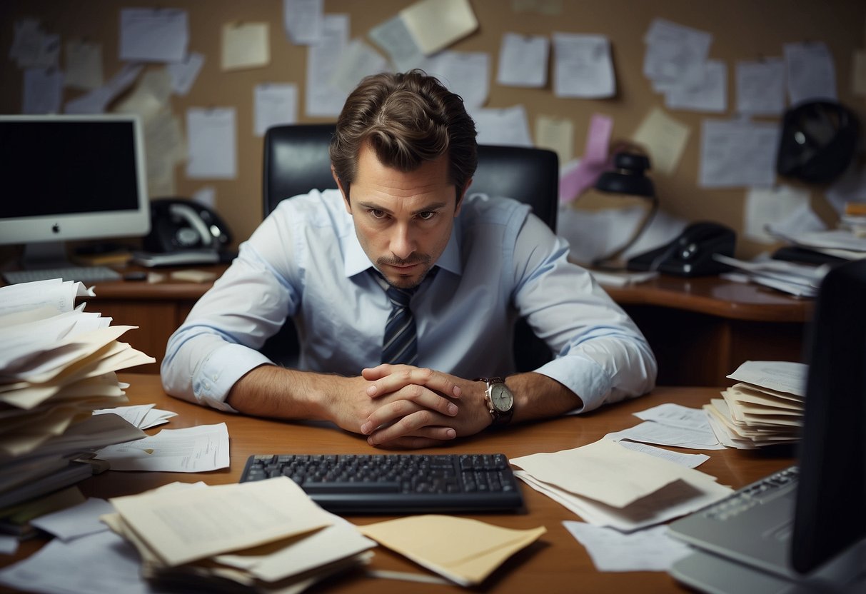 A cluttered desk with scattered papers and a person staring blankly at the computer screen. A disorganized space with a look of frustration and lack of focus