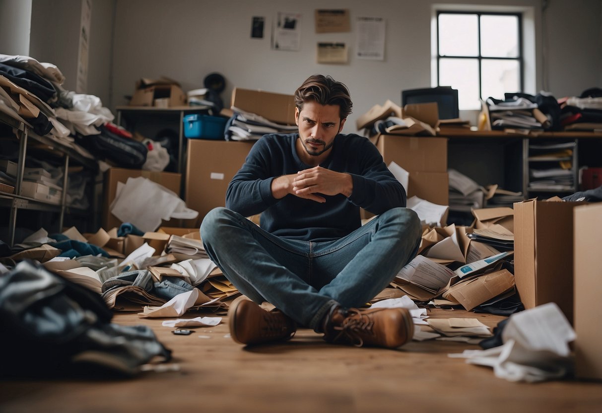 A person sitting alone, surrounded by clutter, with a look of distress on their face. A list of "10 Signs You Need a Mental Health Check-In" is visible in the background