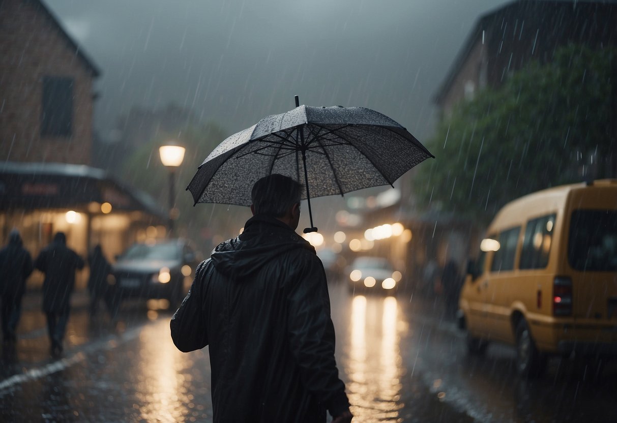 A parent stands in a storm, surrounded by chaos. They reach for an umbrella, take a deep breath, and begin to rebuild amidst the turmoil