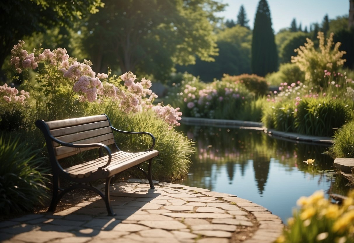 A serene garden with a winding path, blooming flowers, and a tranquil pond. A bench invites peaceful reflection under a blue sky
