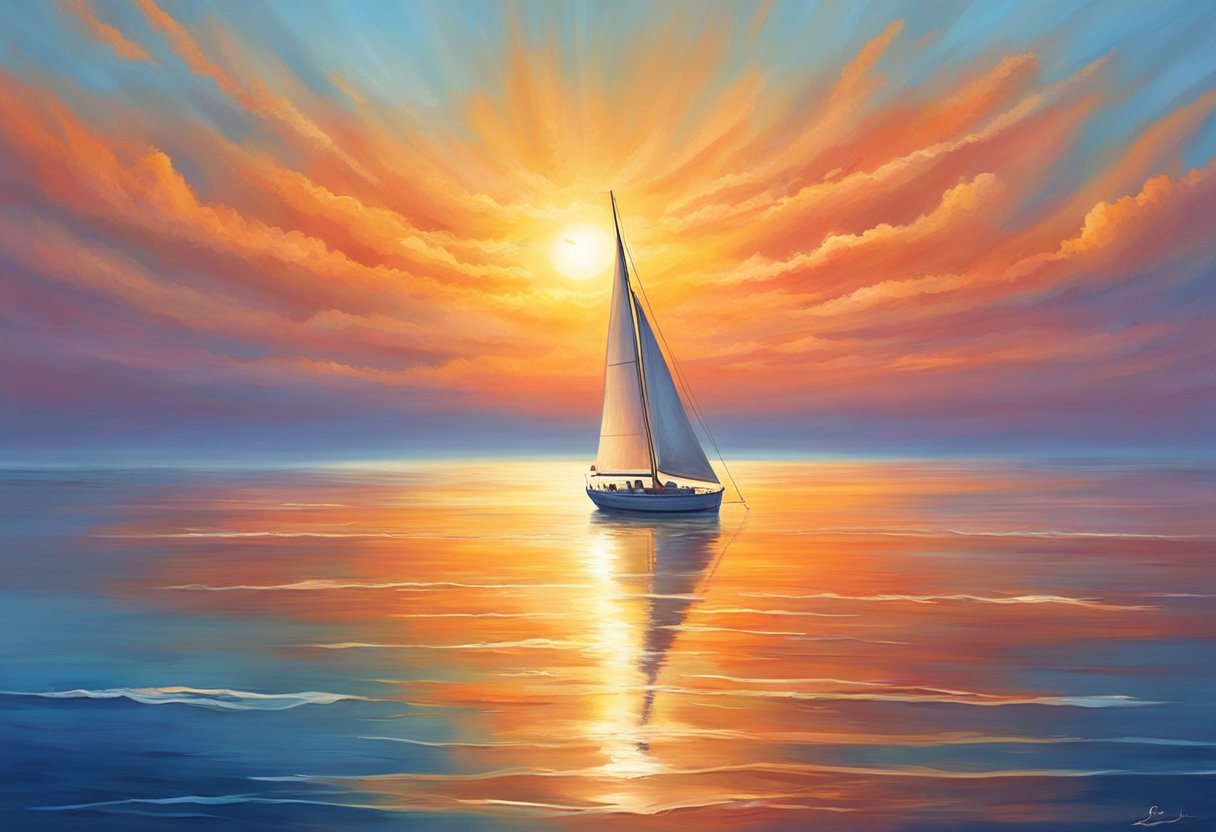 A bright sun rises over a calm, blue ocean with a clear sky and a single sailboat in the distance