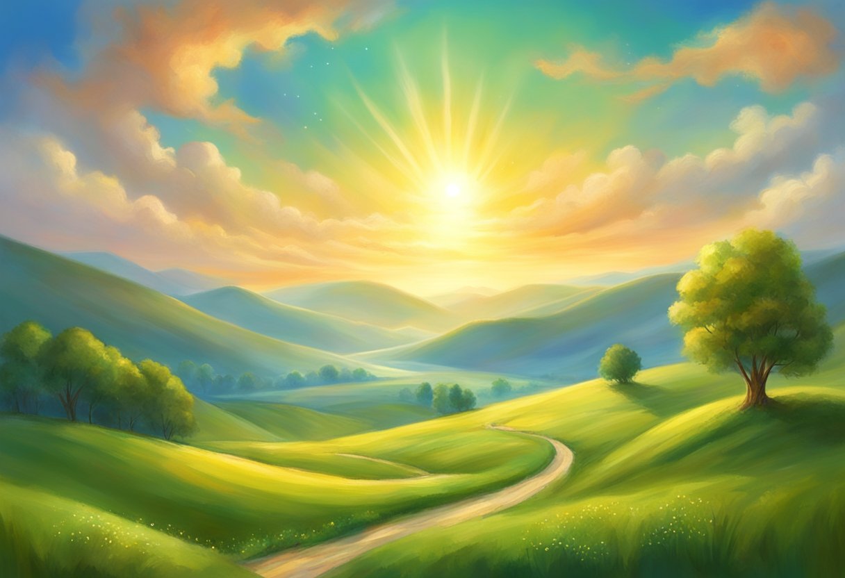 A bright sun shining over a serene landscape with green rolling hills and a clear blue sky, evoking a sense of positivity and tranquility