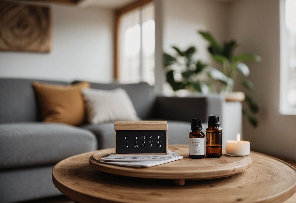 A cozy living room with a calendar on the wall, a journal on the coffee table, a yoga mat in the corner, and a soothing essential oil diffuser