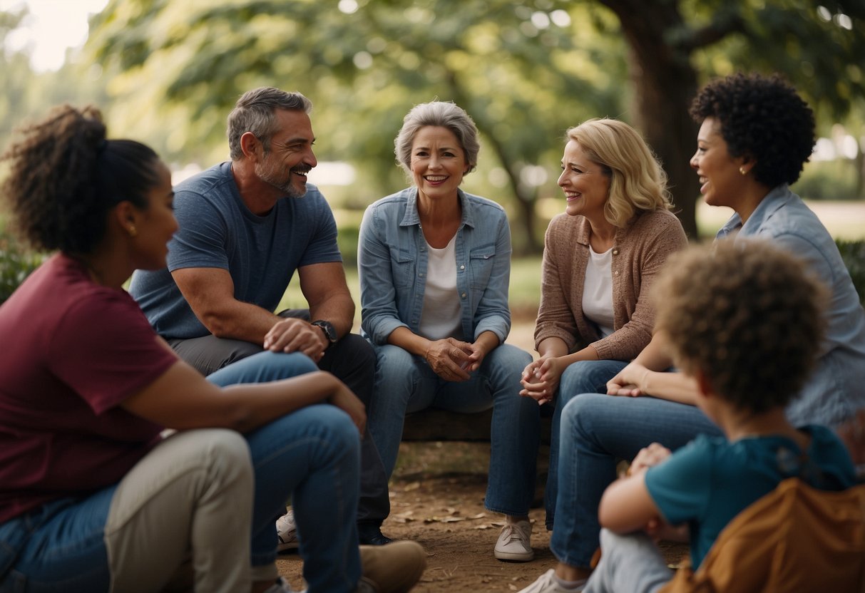 A diverse group of parents sits in a circle, sharing stories and offering support. A facilitator leads a discussion on building resilience in special needs parenting