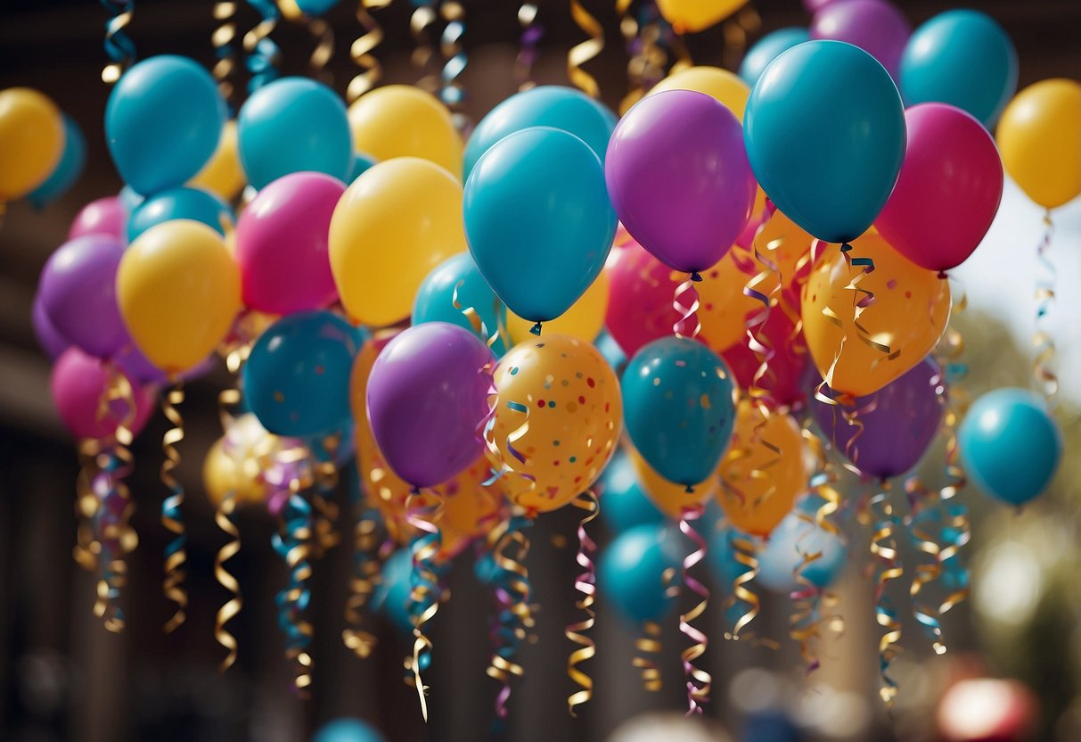 A group of colorful balloons floating in the air, surrounded by confetti and streamers, with a banner that reads "Celebrate Small Wins."