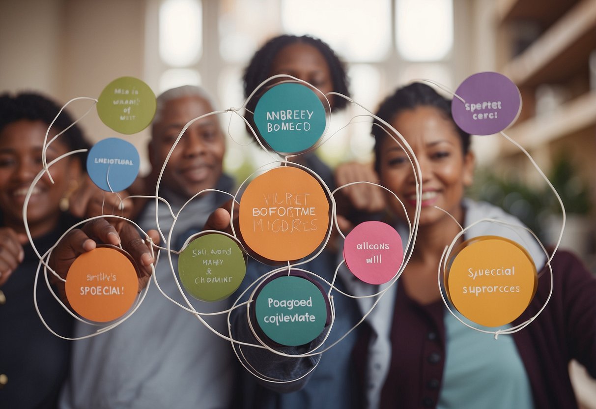 A diverse group of interconnected circles, representing different sources of support, surrounds a central figure labeled "Special Needs Parent." Each circle is labeled with a different aspect of support, such as family, friends, therapists, and community resources
