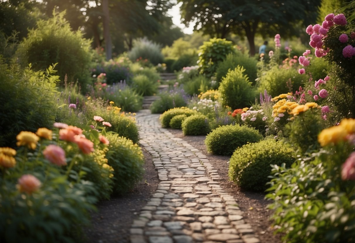 A serene landscape with a winding path leading to a tranquil garden, surrounded by vibrant flowers and lush greenery, symbolizing resilience and emotional well-being in special needs parenting