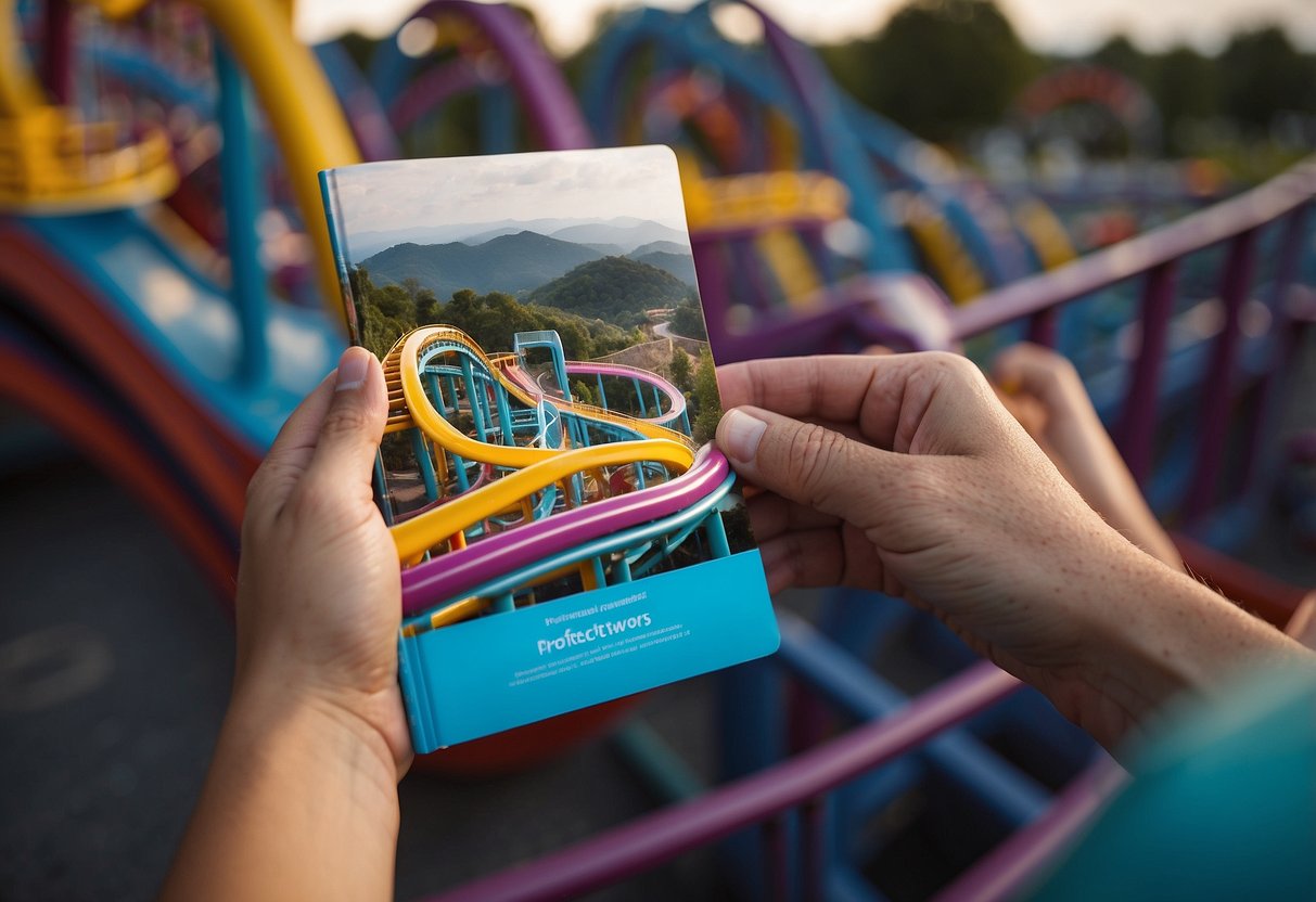 A rollercoaster track with various emotions (happy, sad, frustrated, hopeful) depicted as colorful peaks and valleys. A parent or caregiver holding a guidebook with "5 Tips" written on the cover