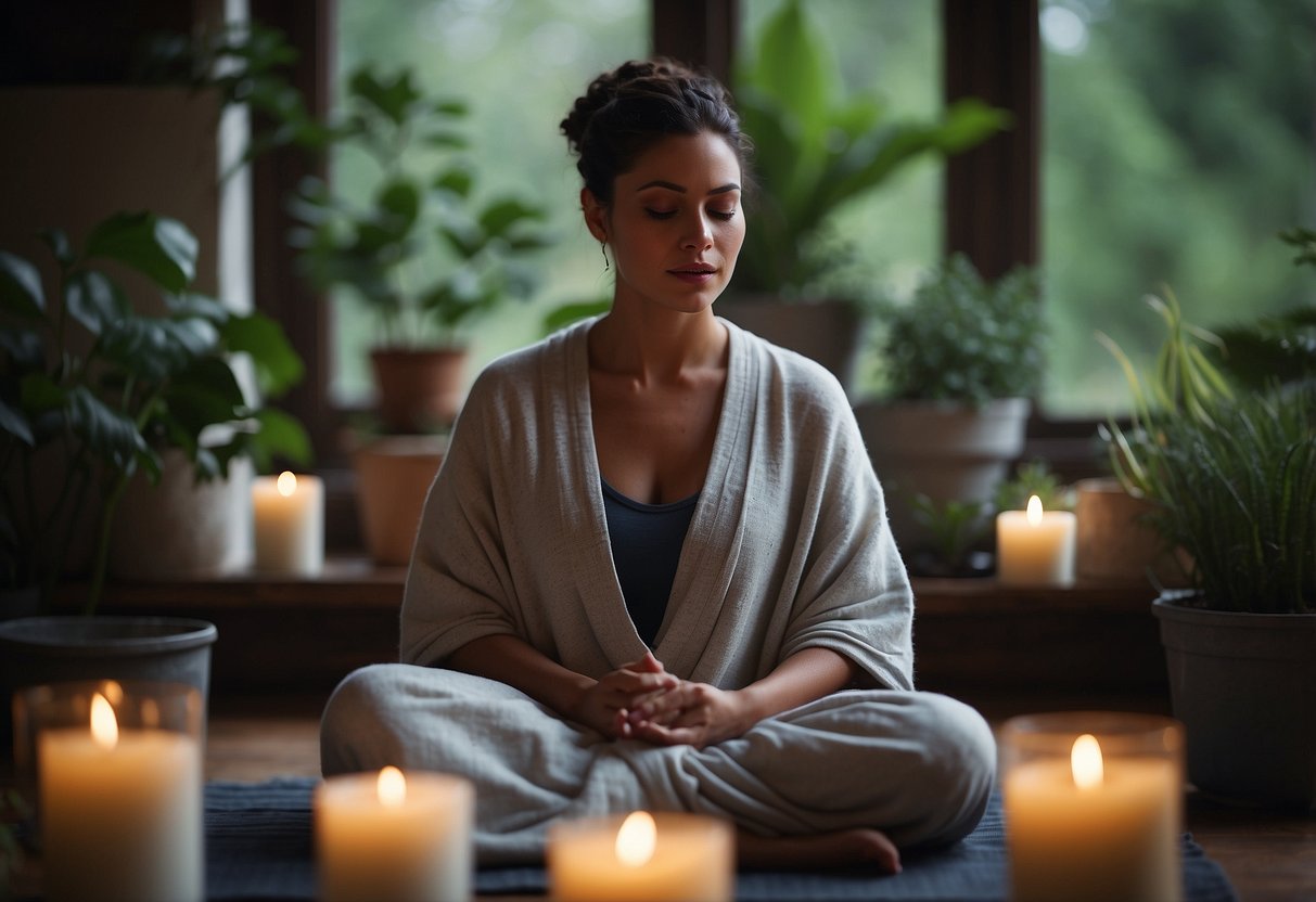 A serene figure meditates in a peaceful setting, surrounded by calming elements like candles, plants, and soothing colors. A journal and self-help book are nearby, along with a comforting blanket