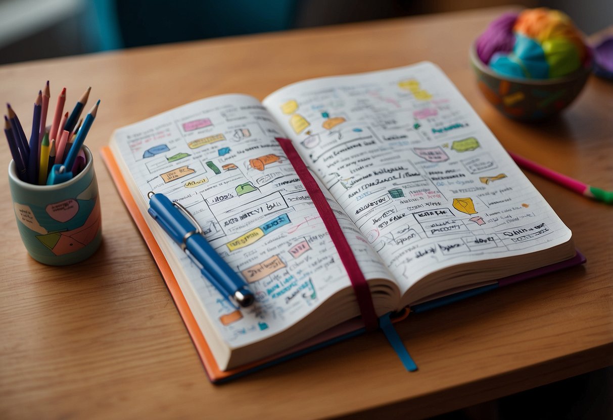 A colorful journal lies open on a desk, surrounded by scattered pencils and erasers. The pages are filled with expressive doodles and thoughtful notes, capturing the emotional journey of a special needs diagnosis