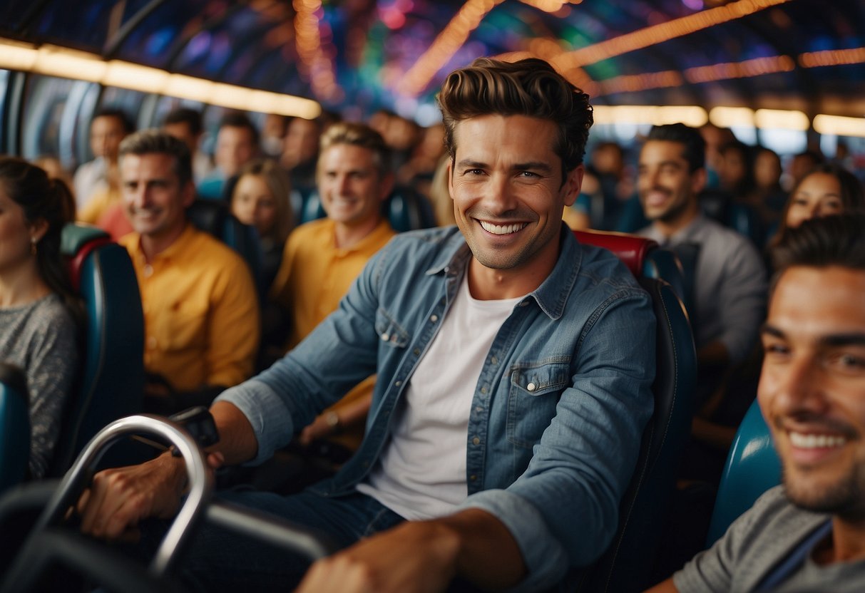 A person sitting in a rollercoaster car, holding onto the safety bar with a determined expression, surrounded by a supportive network of friends and family cheering them on from the sidelines