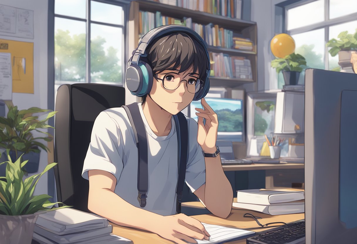 A person listening to a language lesson with headphones, a computer, and a notebook on a desk