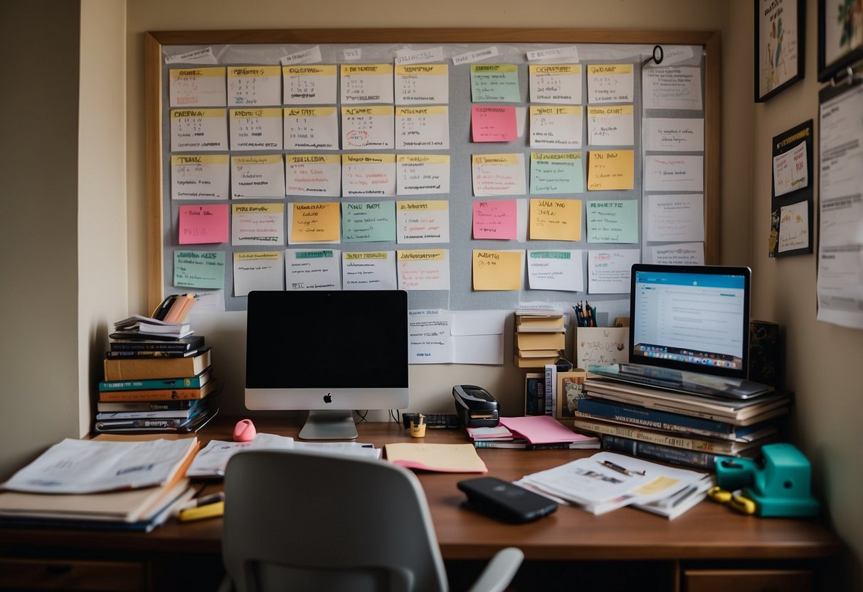 A cluttered desk with a calendar, to-do list, and self-care items. A parent sits at the desk, surrounded by books and resources. A support group flyer is pinned to the wall
