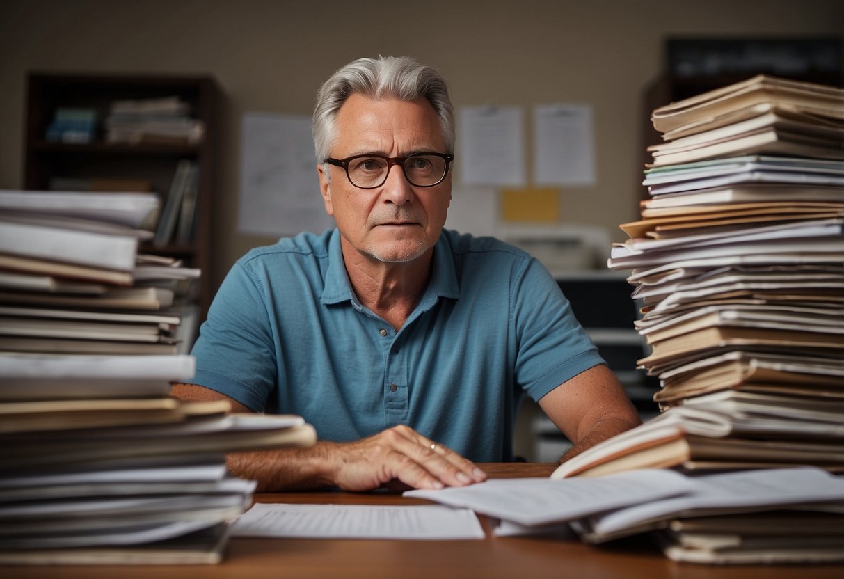 A parent sits at a desk surrounded by paperwork and a calendar, looking overwhelmed. A stack of books on coping strategies sits nearby. The parent is visibly stressed and in need of support