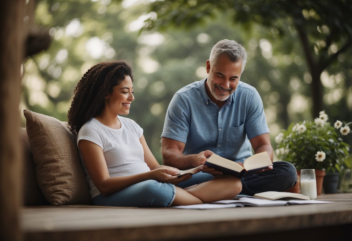 A serene setting with a parent surrounded by calming activities such as reading, meditation, and self-care. A support worker is present, offering assistance and support
